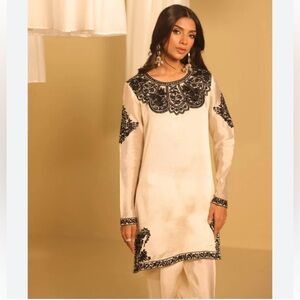 Elegant Cream and Black Embroidered Dress